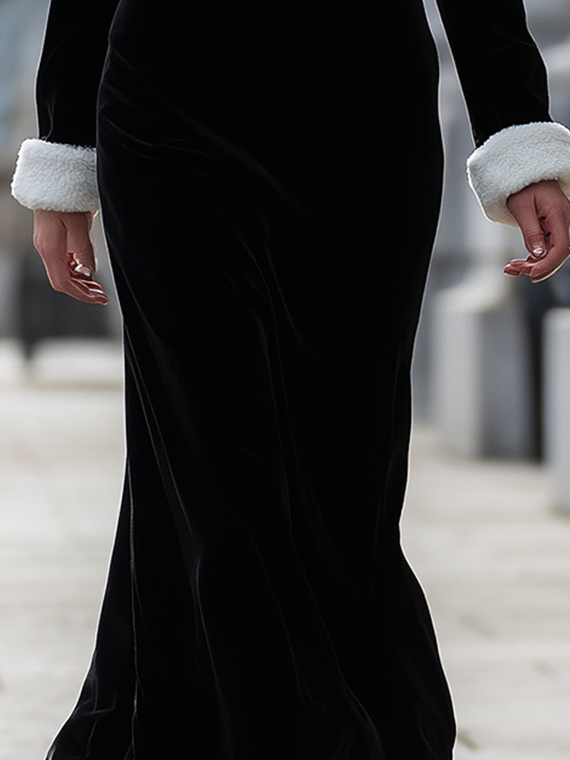 Velvet Square Neck Dress With White Trim
