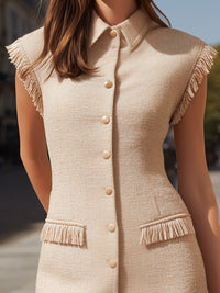 Sleeveless Tweed Mini Dress With Fringe Trim And Button Front