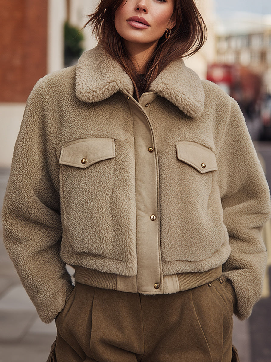 Beige Faux Shearling Cropped Jacket With Utility Details