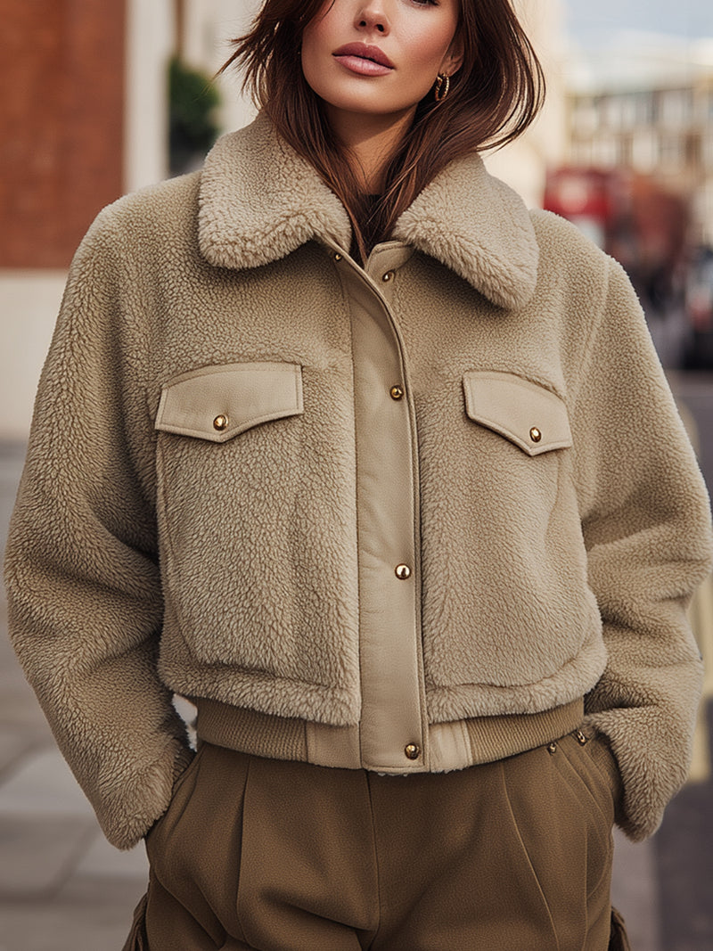 Beige Faux Shearling Cropped Jacket With Utility Details