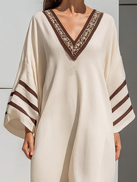 Embroidered V-Neck Kaftan Midi Dress With Contrast Stripe Trim