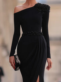 One-Shoulder Beaded Evening Gown