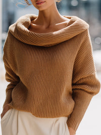 Camel Ribbed Off-the-Shoulder Knit Sweater