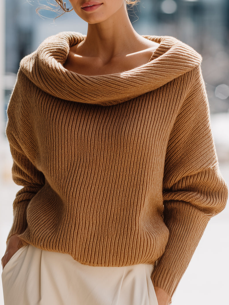 Camel Ribbed Off-the-Shoulder Knit Sweater