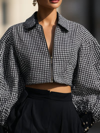 Houndstooth Cropped Jacket With Voluminous Sleeves