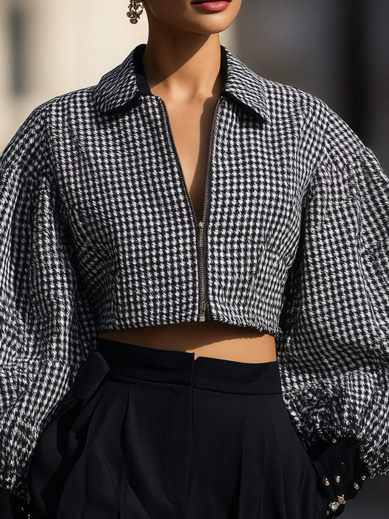 Houndstooth Cropped Jacket With Voluminous Sleeves