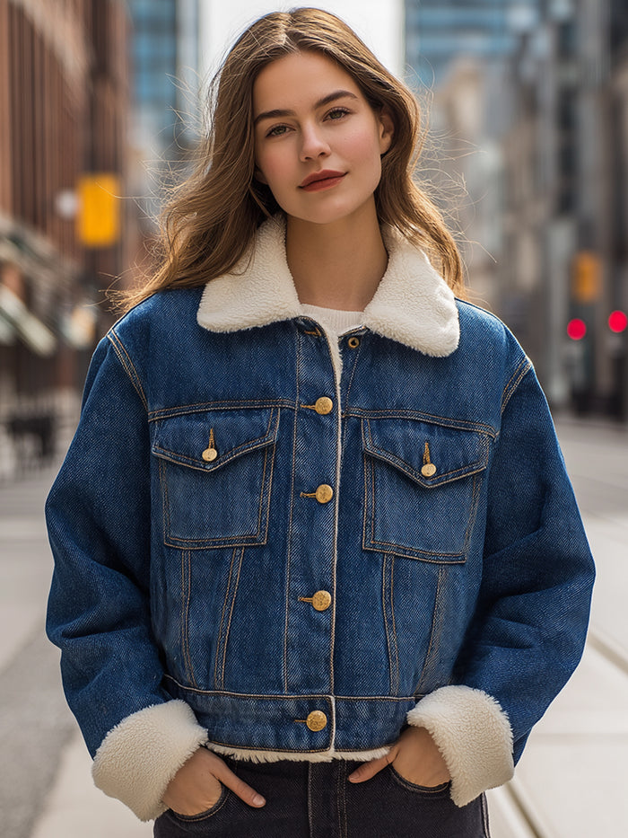 Classic Blue Denim Jacket With Faux Shearling Lining