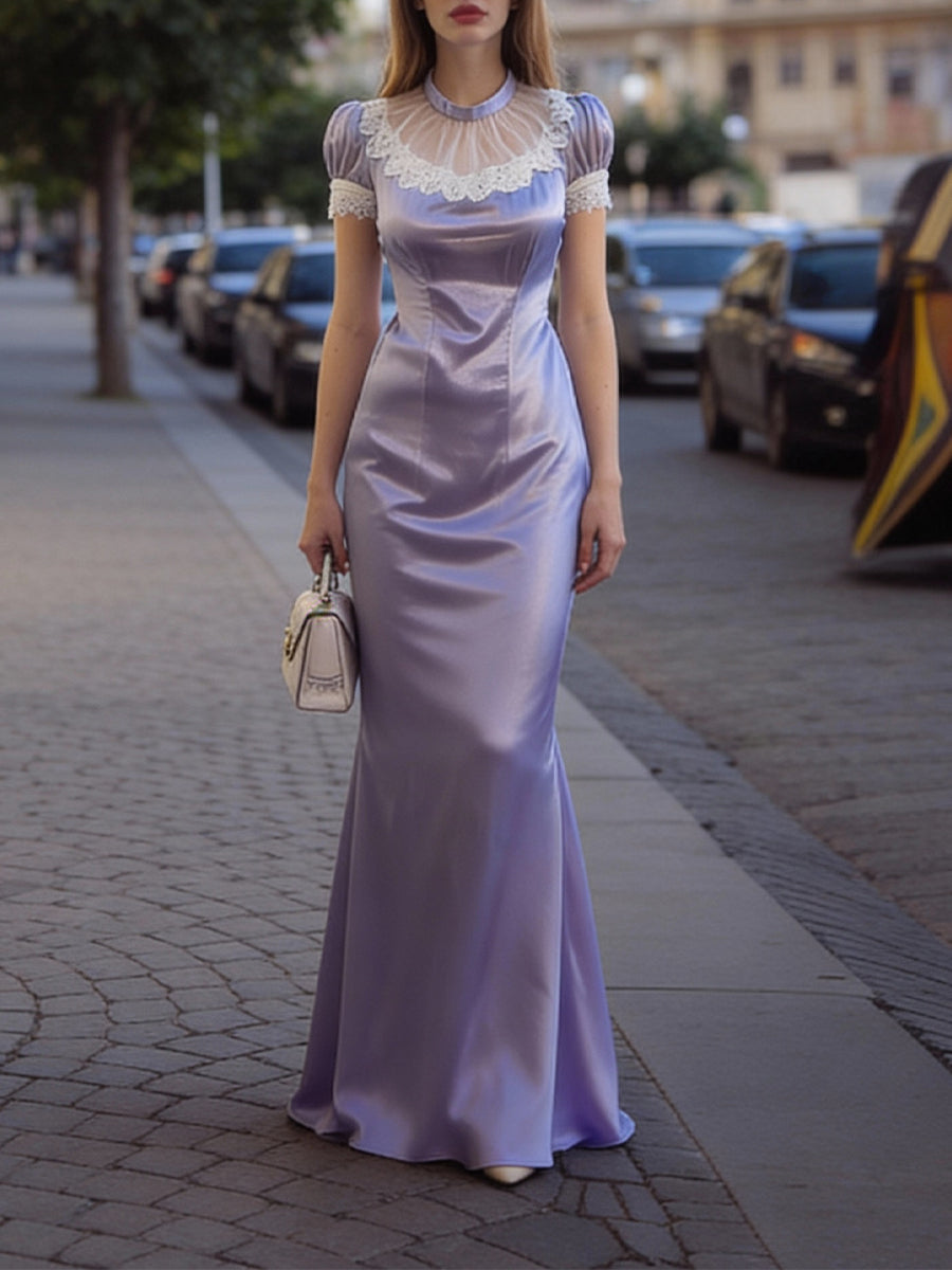 Lavender Satin Lace-Trim Sheer-Neck Maxi Dress