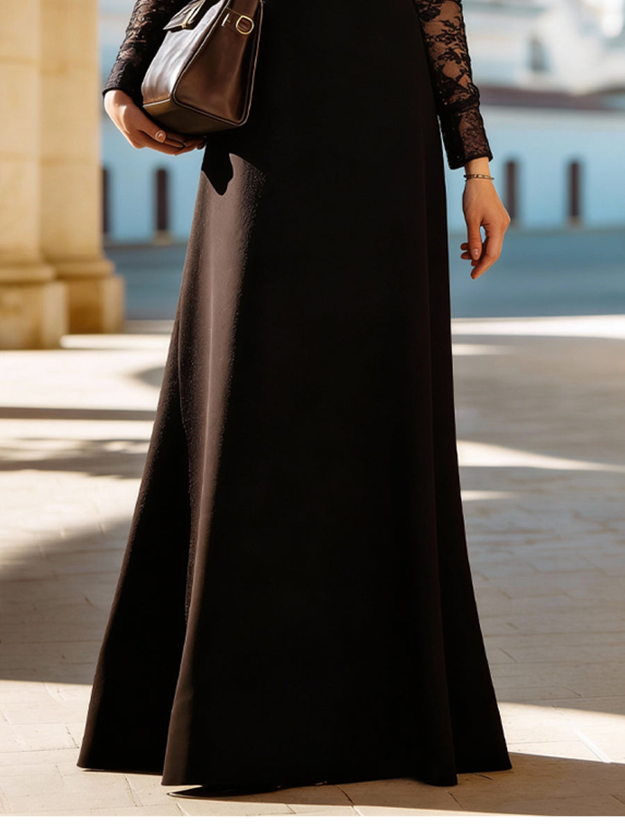 Lace-Inset Woven High-Neck Evening Gown