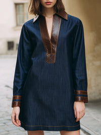 Indigo Faux Denim Dress With Contrasting Faux Leather Trimming