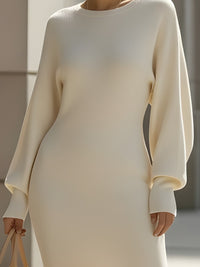 Elegant Ivory Long-Sleeve Knit Midi Dress
