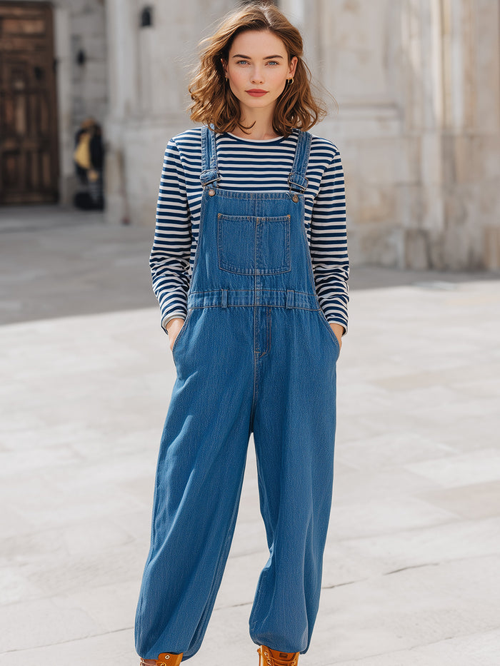 Fashionable Casual Denim Overalls With Cuffs
