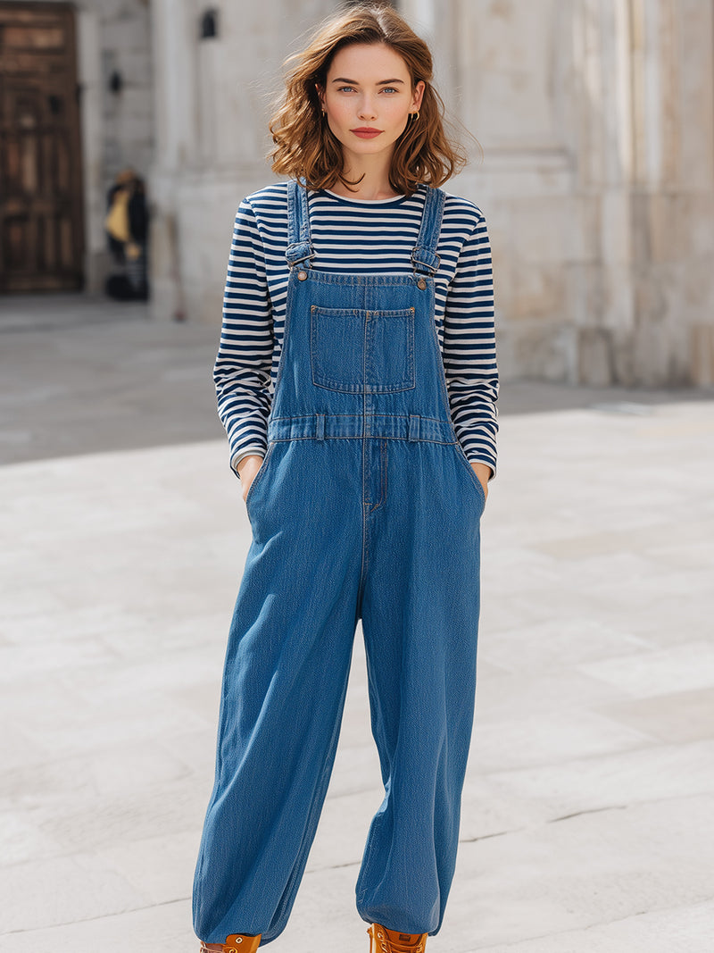 Fashionable Casual Denim Overalls With Cuffs