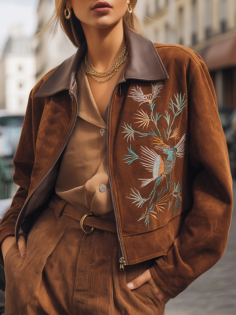 Brown Embroidered Suede Bomber Jacket With Leather Collar