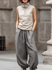 Sleeveless Half-Zip High-Neck Cotton Linen Top And Loose Drawstring Pants Set