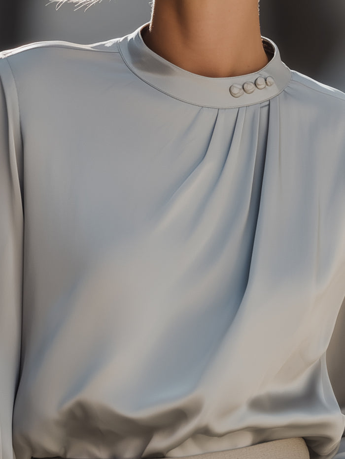 Pearl-Button Draped Satin Blouse