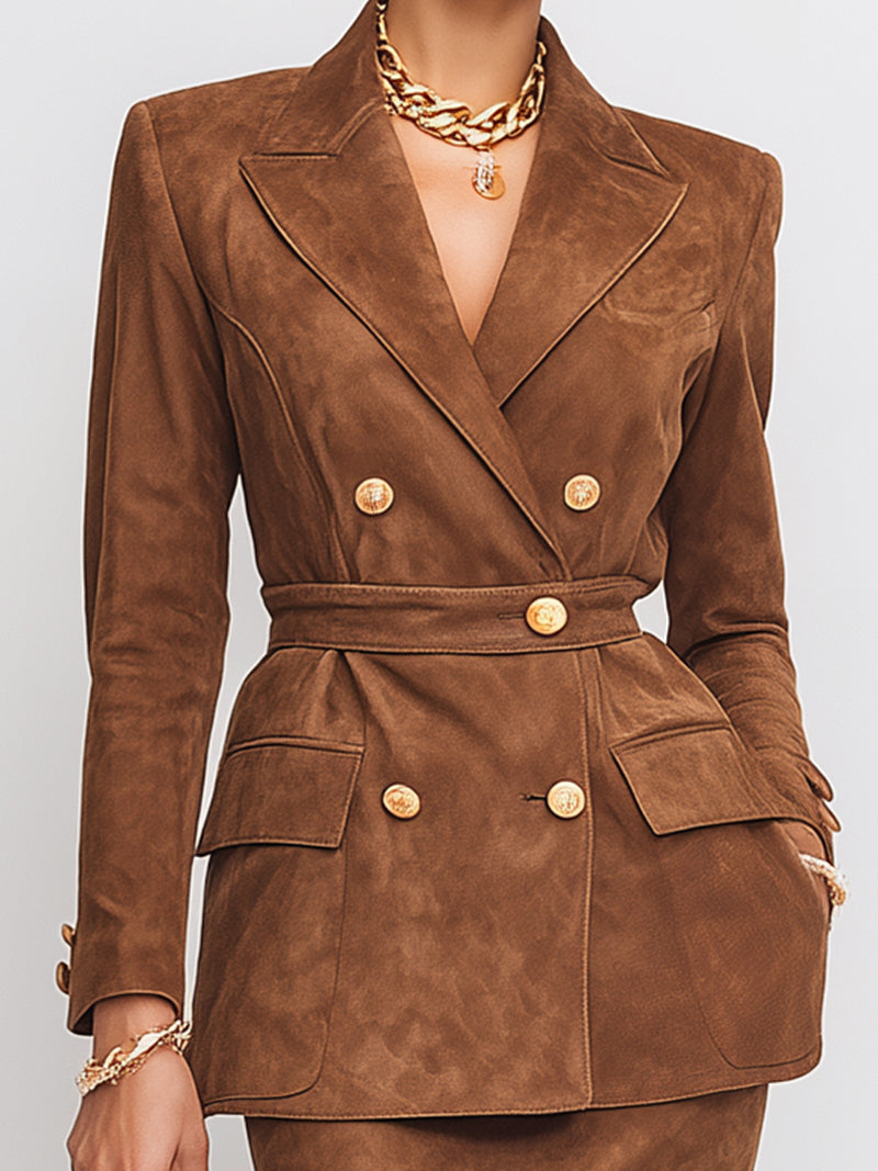 Double-Breasted Suede Skirt Suit With Gold Button Detailing