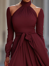 Burgundy High-Neck Cold-Shoulder Maxi Dress