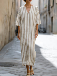 Loose V-Neck Cotton Linen Striped Long Dress