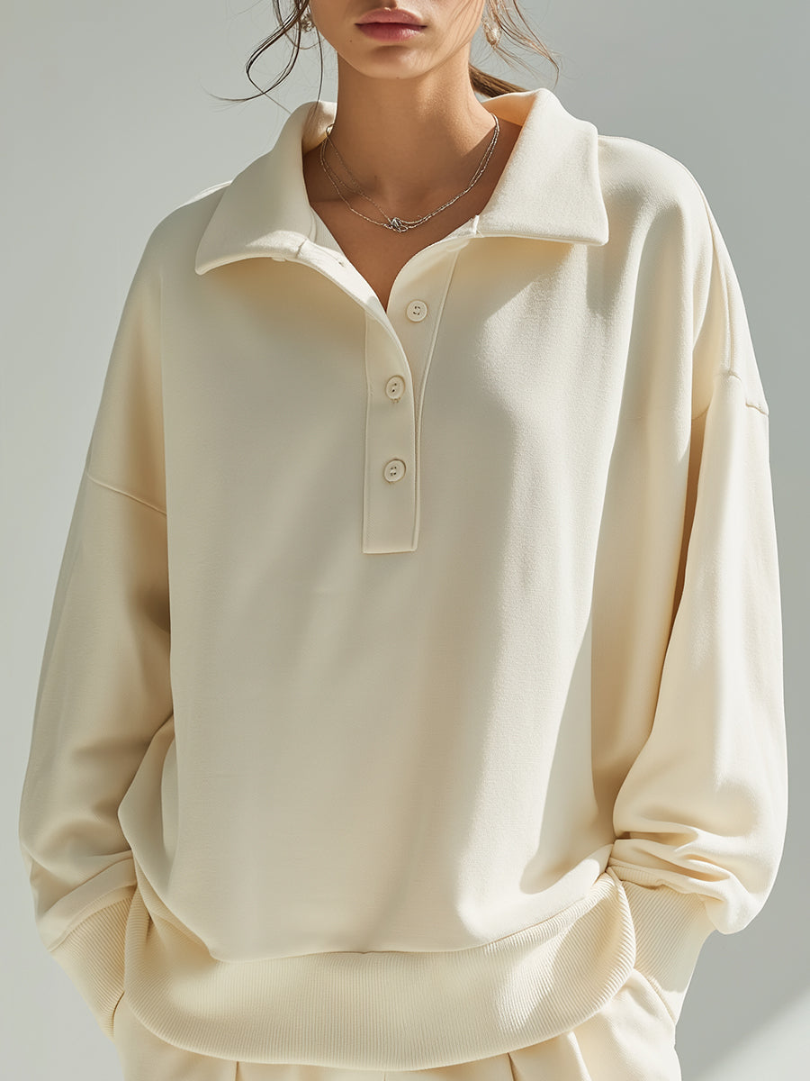 Relaxed Cream Button-Collar Pullover Sweatshirt