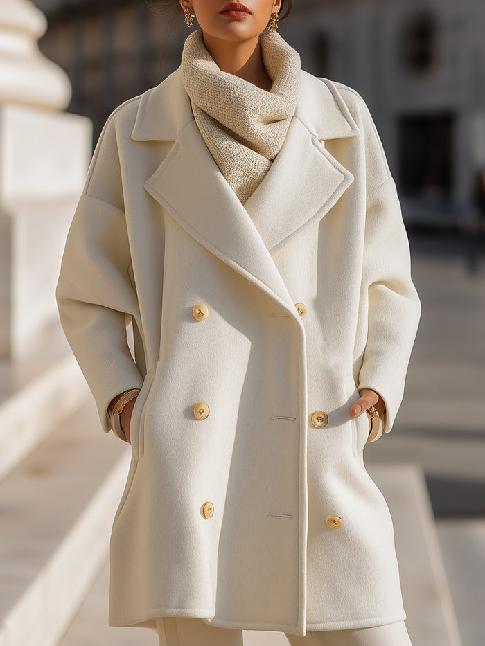 Double-Breasted Ivory Wool Coat With Oversized Lapels
