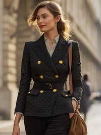 Quilted Belted Blazer With Gold Buttons