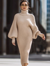 Beige High-Neck Balloon Sleeve Knitted Midi Dress