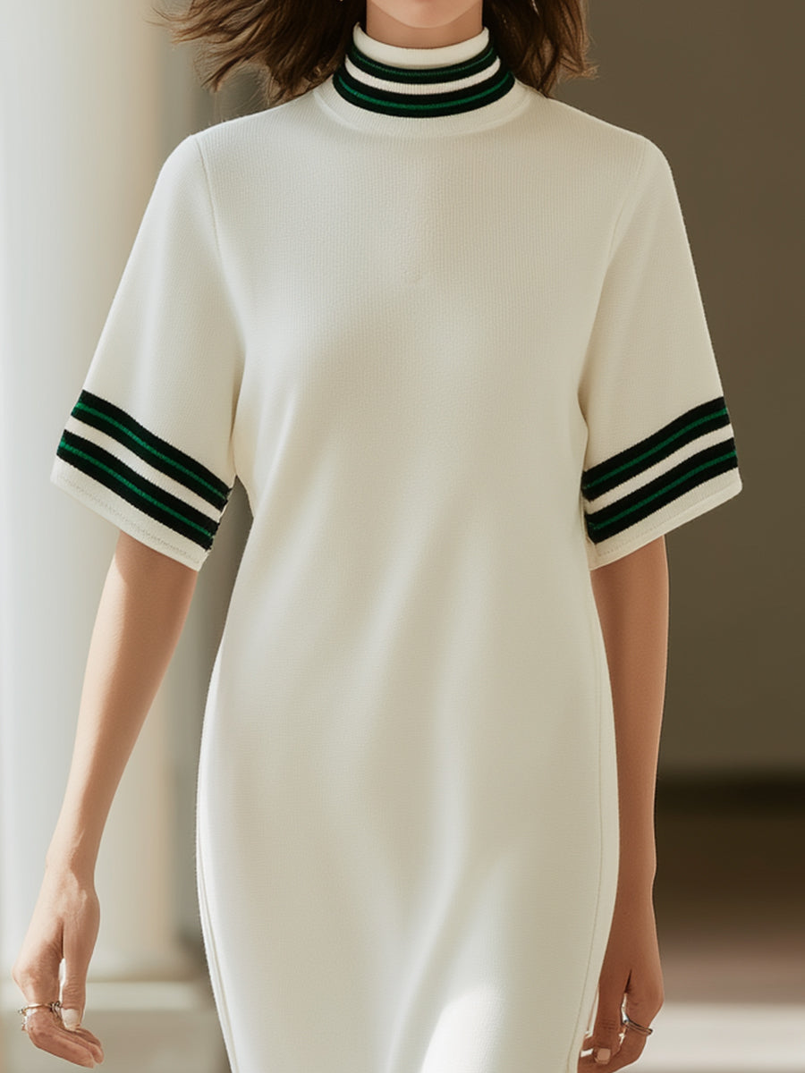Striped Mock Neck Short Sleeve Slit Midi Dress