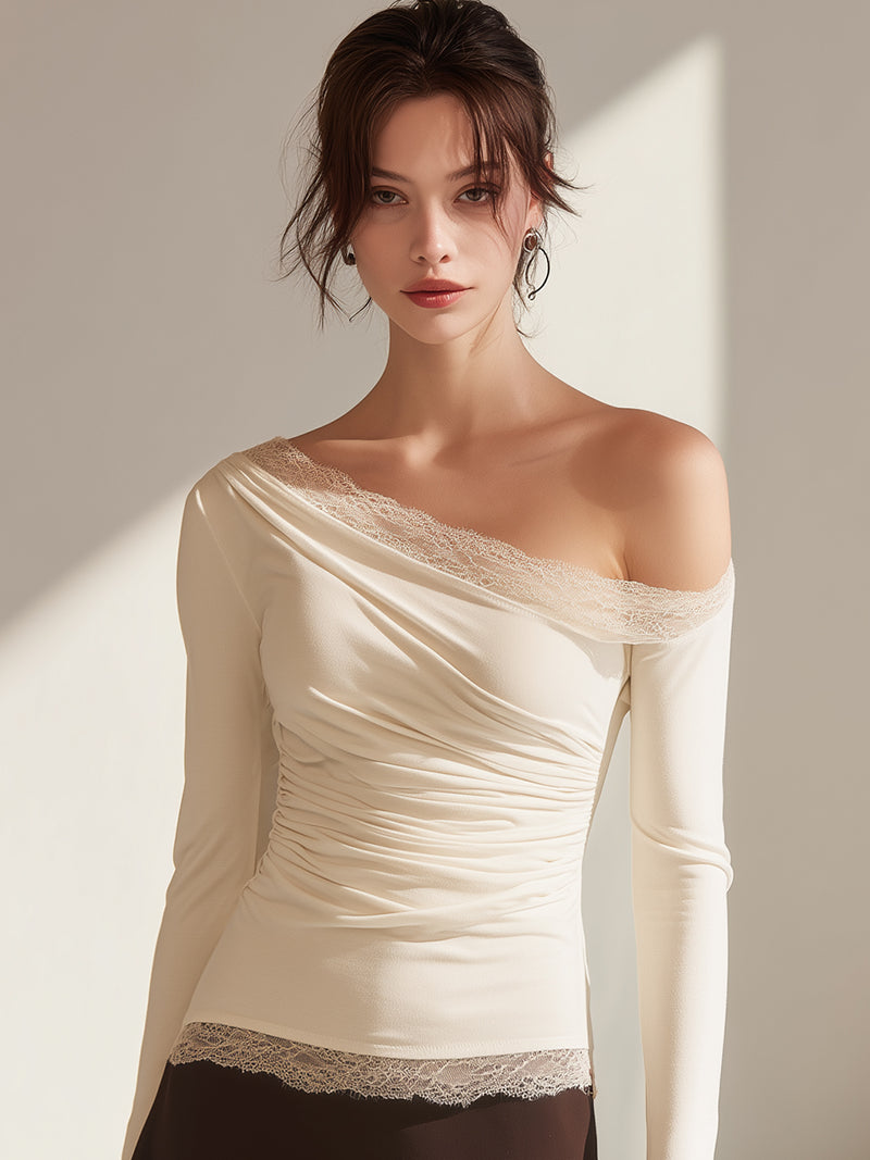 Ivory Asymmetric Lace Trim Top