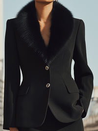 Black Wool Skirt Suit With Faux Fur Collar