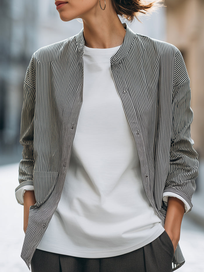 Striped Stand-Collar Shirt And Long-Sleeve T-Shirt Two-Piece Set