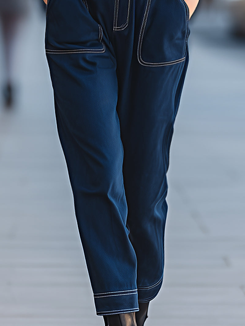 Belted High-Neck Utility Jumpsuit In Midnight Blue