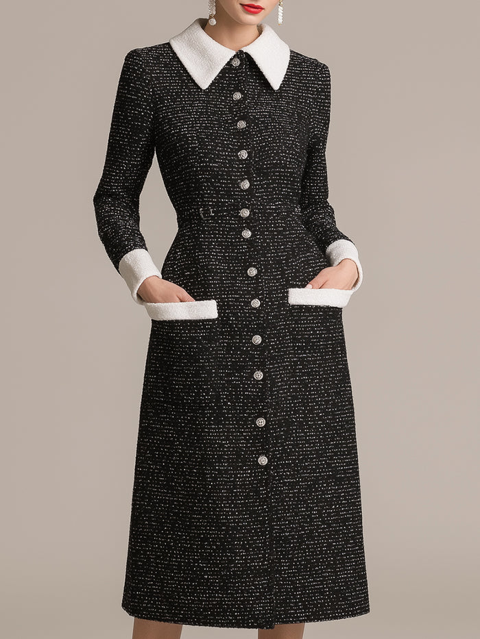 Contrast-Collar Tweed Midi Dress