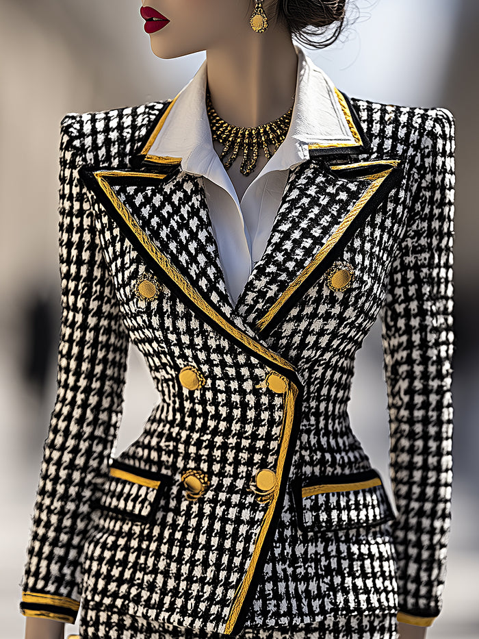 Old-Accent Houndstooth Double-Breasted Blazer