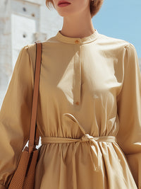 Mandarin-Collar Tie-Waist Midi Dress