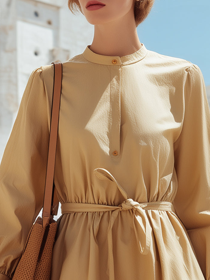 Mandarin-Collar Tie-Waist Midi Dress