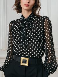 Polka Dot Chiffon Blouse With Bow-Tie Neck And Sheer Sleeves
