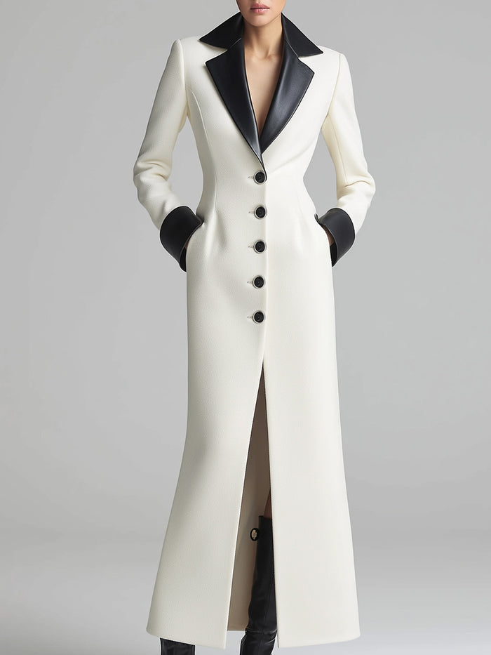 Longline Coat Dress With Black Faux Leather Lapel And Cuffs