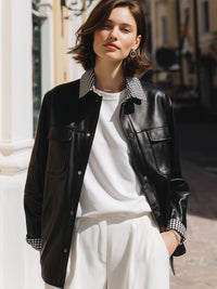 Black Faux Leather Jacket With Gingham Check Collar