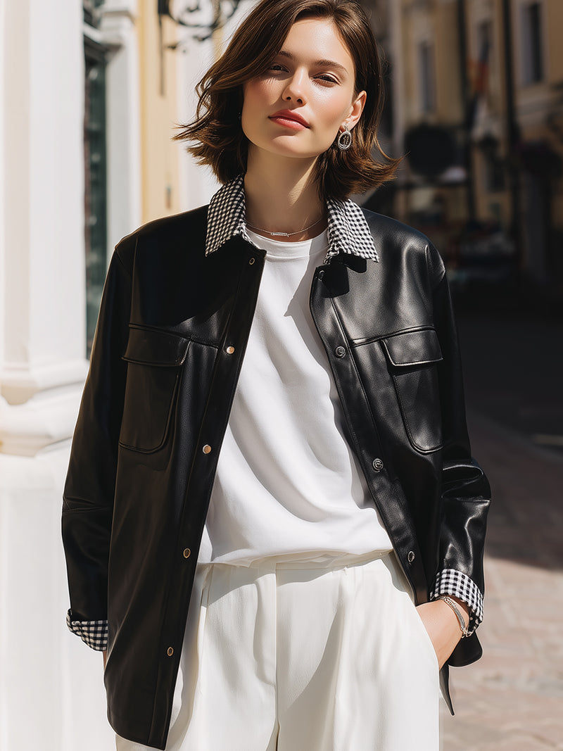 Black Faux Leather Jacket With Gingham Check Collar