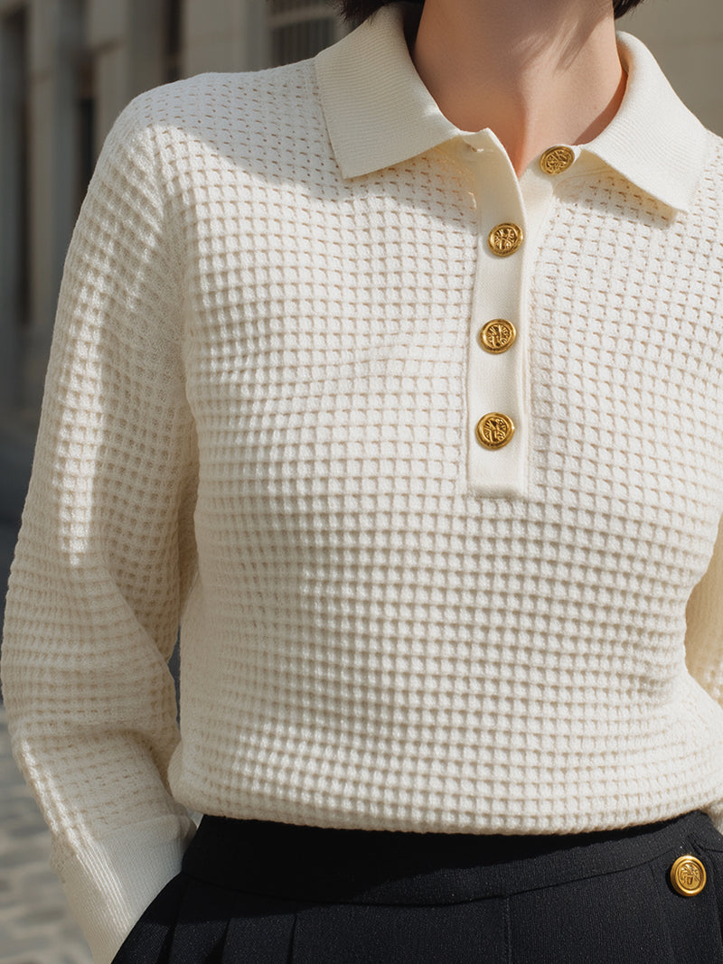Textured Knit Polo Top With Gold Button Accents