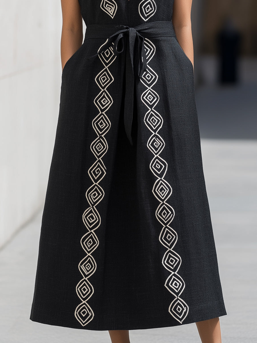 Embroidered Deep V Lapel Tie-Waist Midi Dress