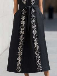 Embroidered Deep V Lapel Tie-Waist Midi Dress