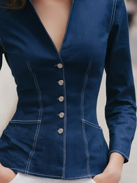 Navy Blue Slim Fit Button-Up Top With Contrasting Stitching