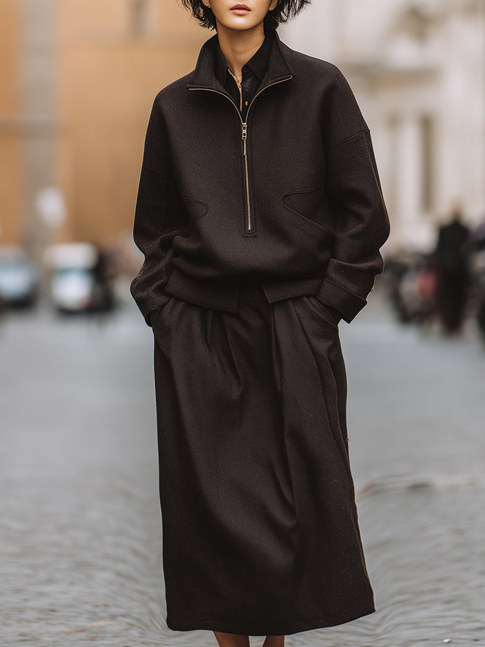 Minimalist Half-Zip Pullover And Midi Skirt Set