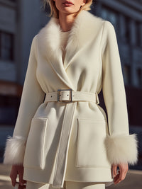 White Faux Fur Trim Belted Coat