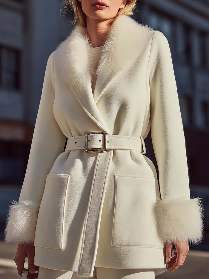 White Faux Fur Trim Belted Coat