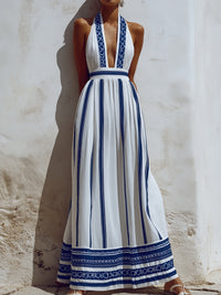 Halter Neck Contrast Stripe A-Line Maxi Dress