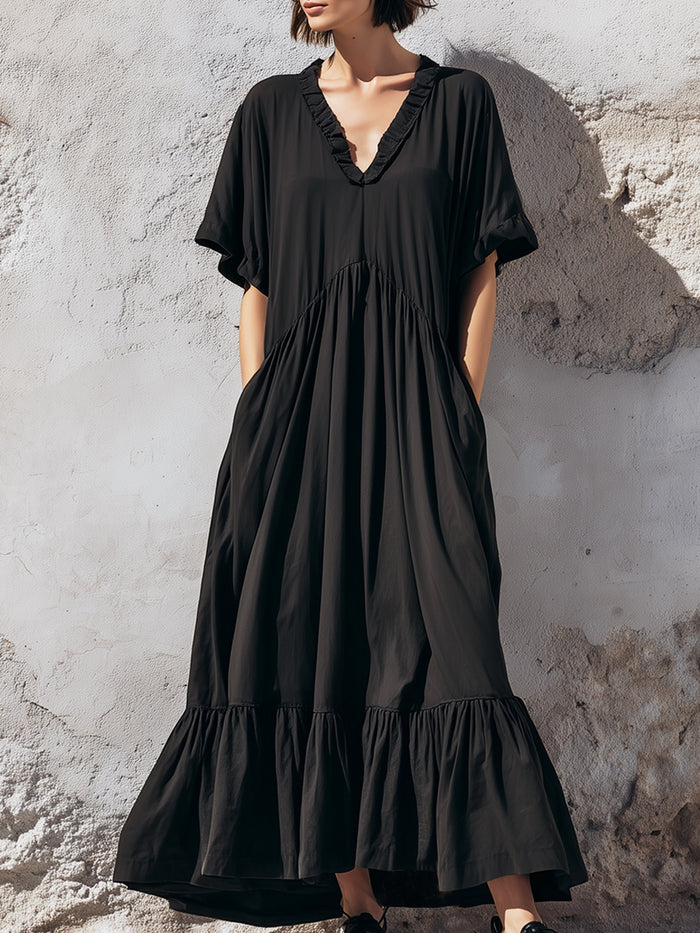 Relaxed V-Neck Ruffle Hem Maxi Dress