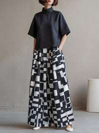 High-Neck Top & Abstract Print Wide-Leg Skirt Set